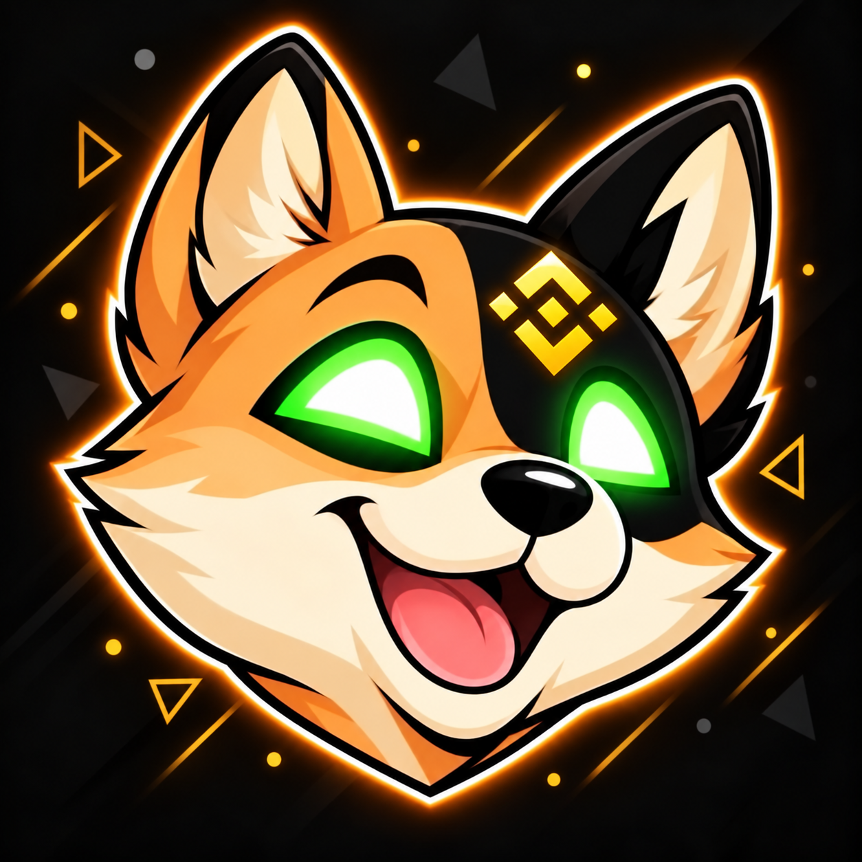 BYTE, an orange and black AI dog with glowing green eyes